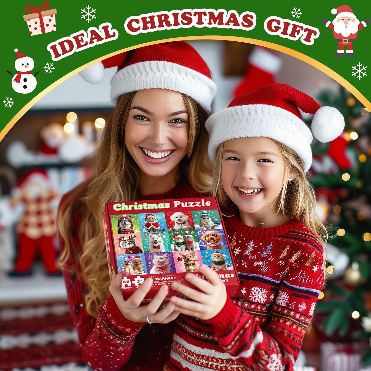 100 Pieces Christmas Puzzle For Kids Age 4-8 4-6 8-10 Christmas Cat Dog Jigsaw Puzzles Gifts Stocking Stuffers For Boys Girls (C