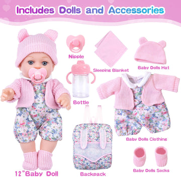 Bddoll 12 Inch Baby Doll Backpack Playset With Dolls Clothes And Accessories Included Backpack, Washcloth, Bottles, Nipple,Socks, Hats
