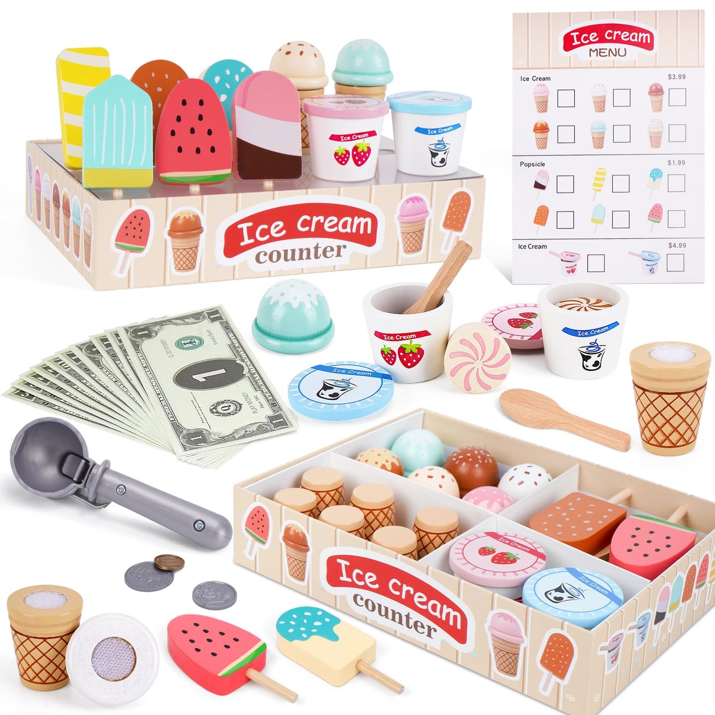 Wooden Ice Cream Toys for Toddlers 3-5, Kids Wooden Toys Play Kitchen Accessories, Play Food Sets for Kids Kitchen, Pretend Play