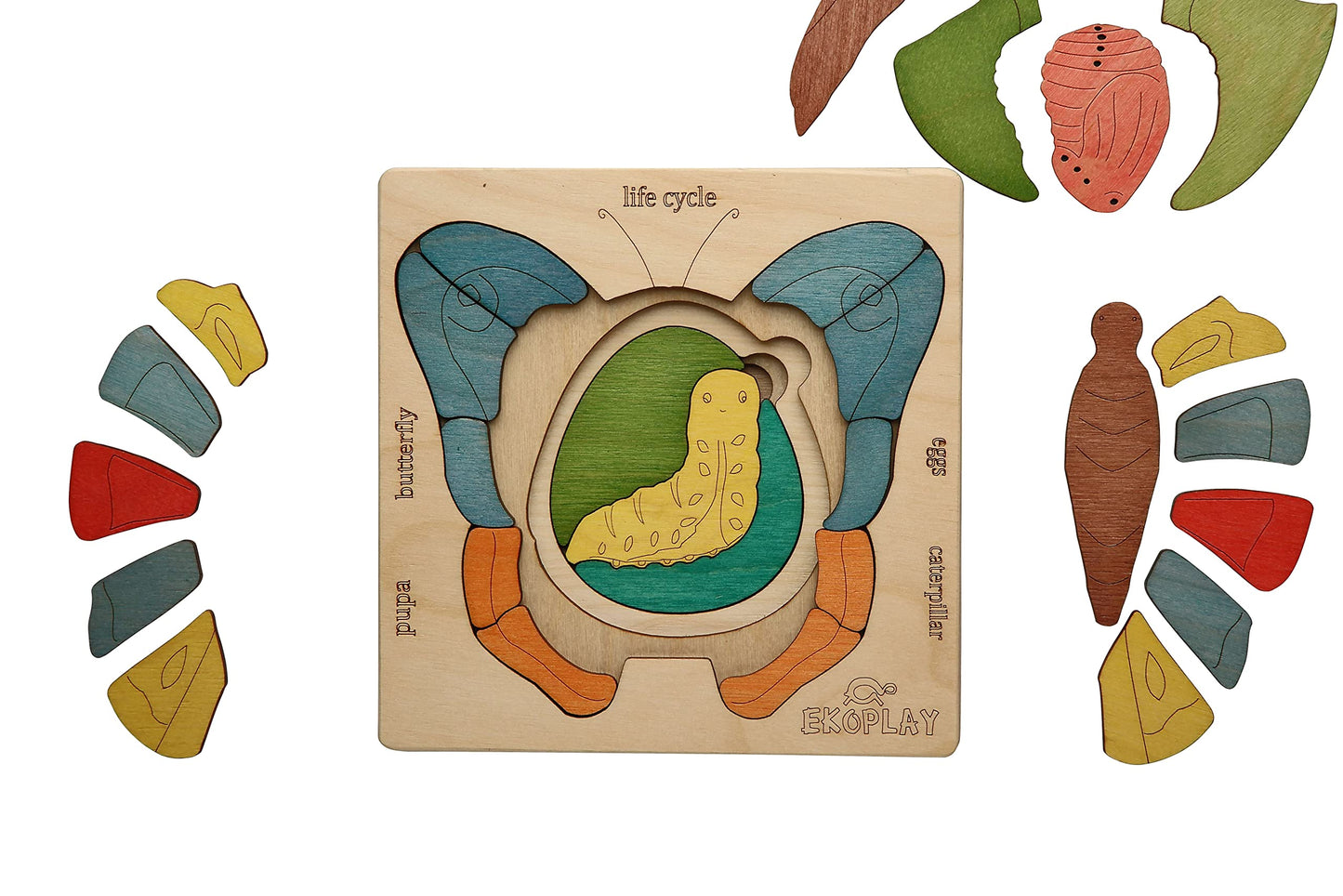 Ekoplay 31-Piece Wooden Jigsaw Puzzle - Butterfly Educational Toy, Birch Wood, Ages 3+