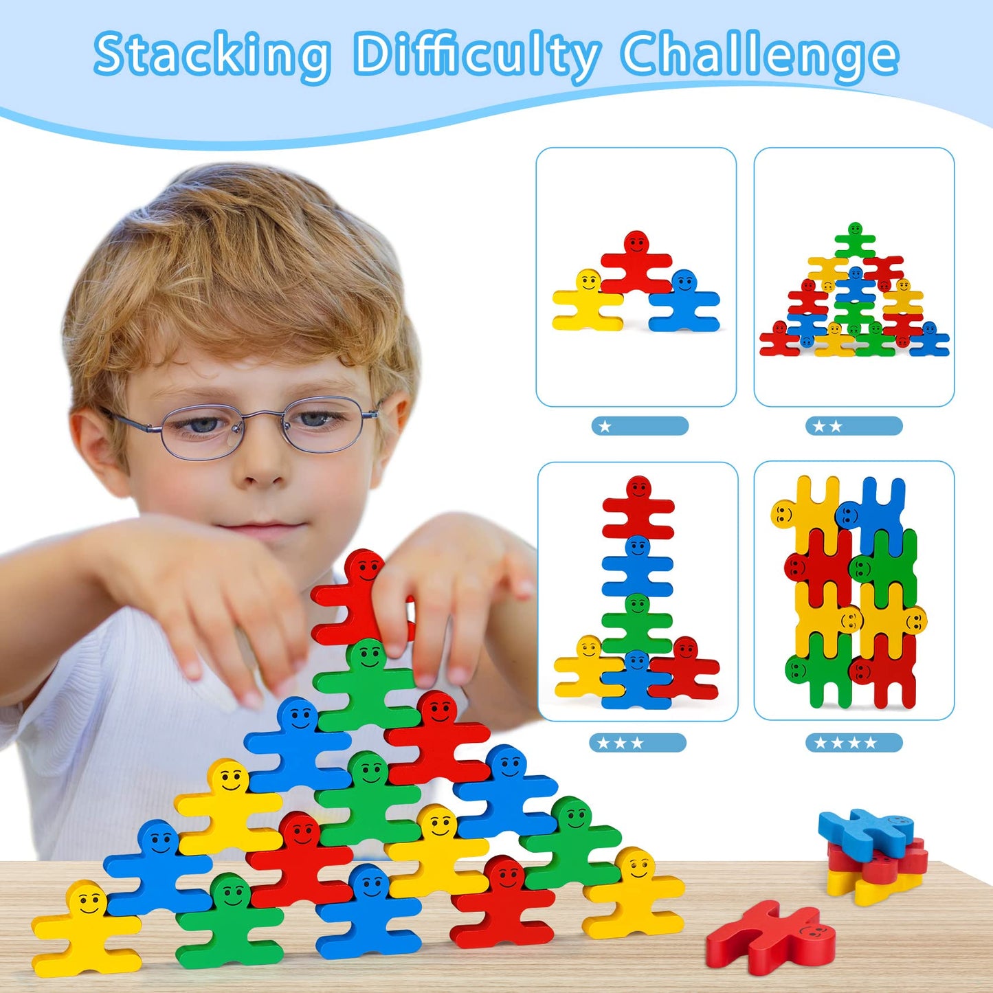 GIFT4KIDS Montessori Wooden Building Blocks Set - 16pcs Sensory Stacking Toys for Kids Age 2-4, Multicolored, Ideal Birthday Gifts