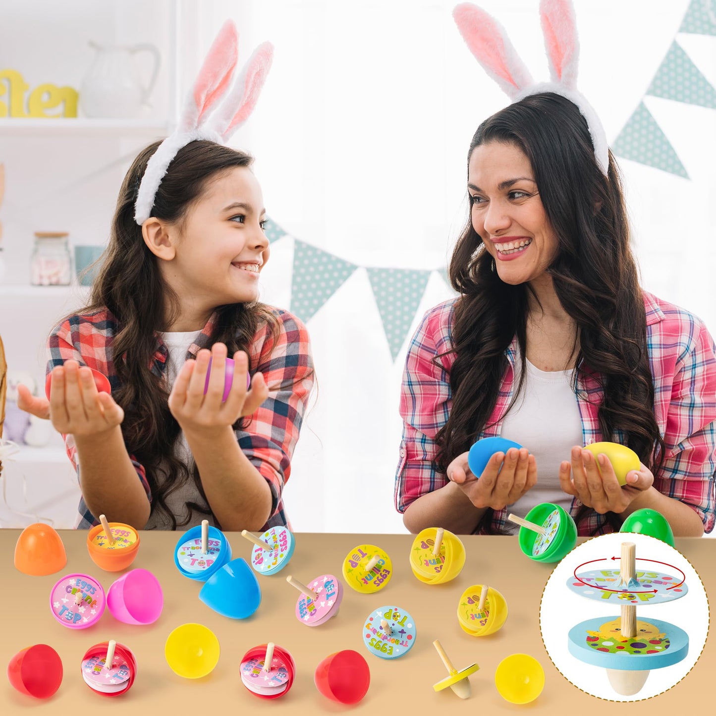Beyumi Easter Wooden Spinning Tops - 30Pcs Plastic Colorful Easter Eggs Filled With Wooden Spinning Tops Present For Egg Hunt Ba