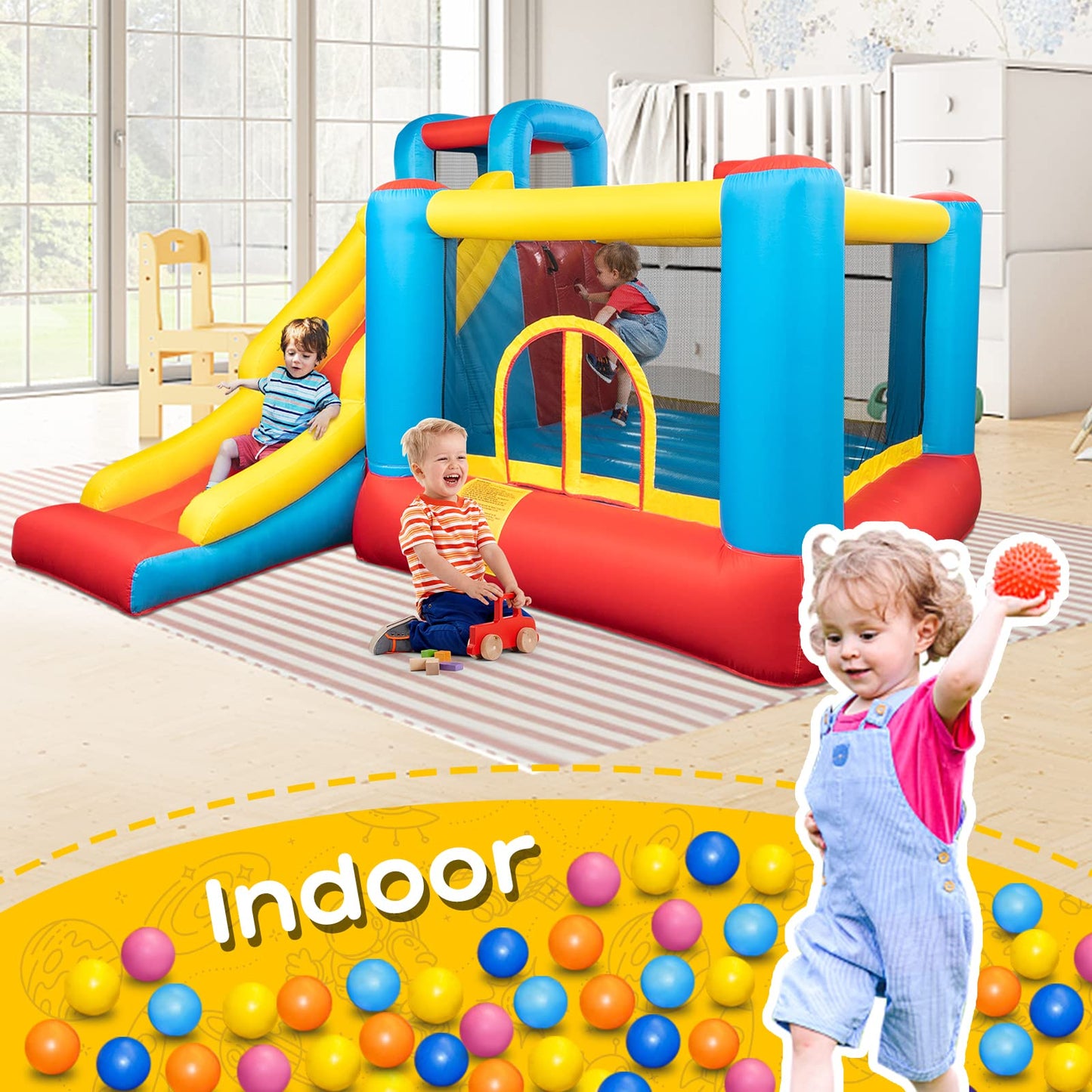 Joymor Bounce House Inflatable Bouncing Castle Play Center W/Air Blower, Jump'N Slide Bouncer, Suitable For Toddler Baby & Little Kids