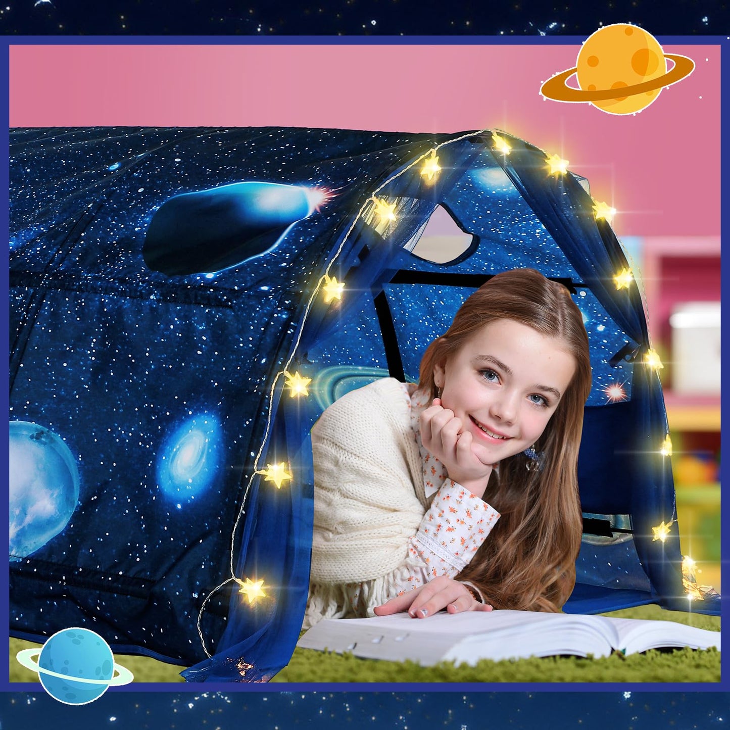 Wowangce Galaxy Bed Tent For Kids Large Kids Twin Tent Toddler Play Bed With Carry Bag Foldable With String Lights For Girls Boy