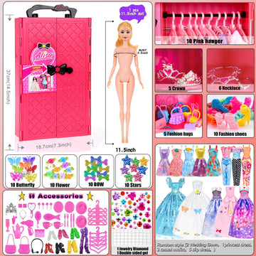 Ebuddy 140 Pack Doll And Closet Set Fashion Diy Wardrobe Doll Clothes And Accessories Including Doll, Wardrobe, Wedding Dress,Shoes, Necklace, Bags And More For 11.5 Inch Doll(One Doll)
