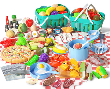 JokerKing 150Pcs Kitchen Playset, Toddlers Pretend Cooking Cookware Accessories, Food, Picnic Blanket, Fruits, Veges, 2Pack Shop