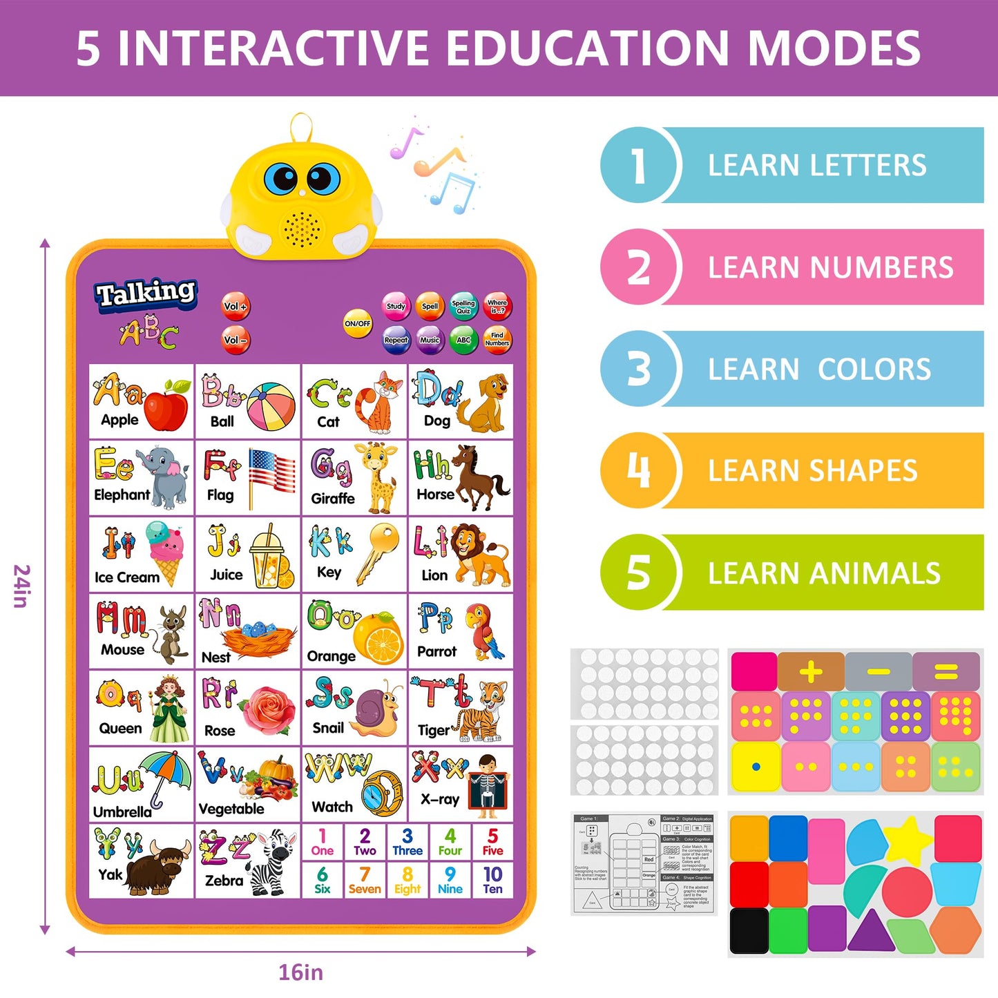 GaHoo Alphabet Wall Chart - Interactive Talking ABC Music Poster for Kids 2-5 Years - Purple Fabric Educational Toy