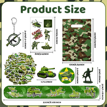 122 PCS Army Party Favors, Military Camo Temporary Tattoos Slap Bracelets Keychains Stickers Badges Goodie Bags Soldiers Figures