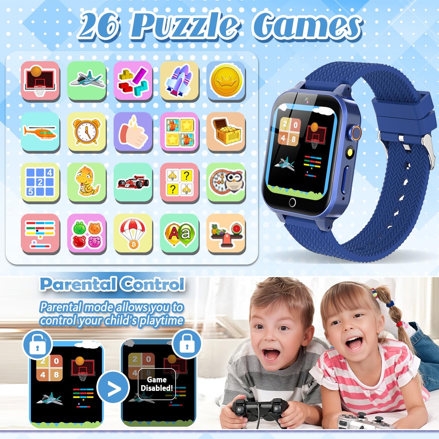 Smart Watch For Kids Boys Age 3-12 With 26 Puzzle Games Hd Video Camera Touchscreen Music Player Learning Cards Storybook Pedome