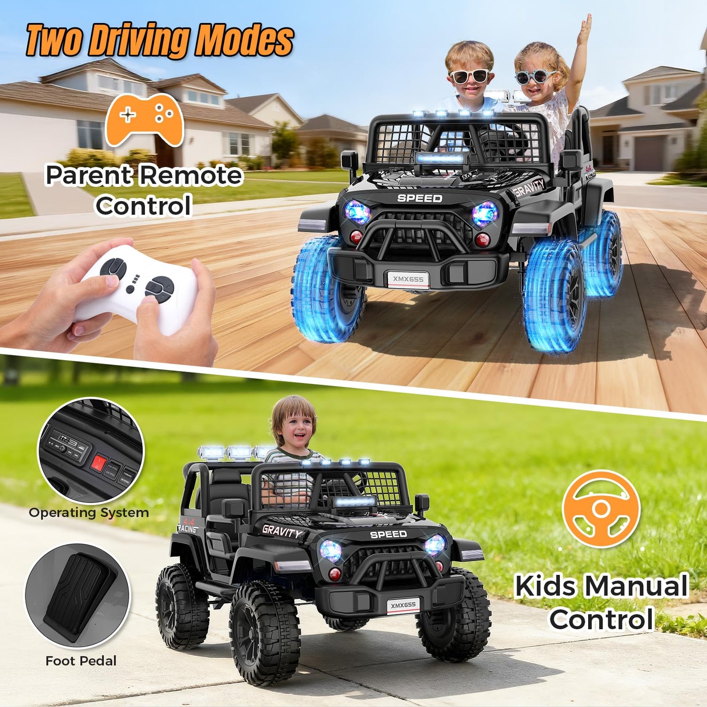 Hikole 24V 2 Seater Ride on Car - Kids XL Electric Car with 20 Wide Seat, Remote Control, LED Lights, Spring Suspension, Bluetoo