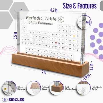Sircles Periodic Table With Real Elements Inside - Includes Magnifying Glass, Wooden Stand, Tripod - Transparent Acrylic Glass -