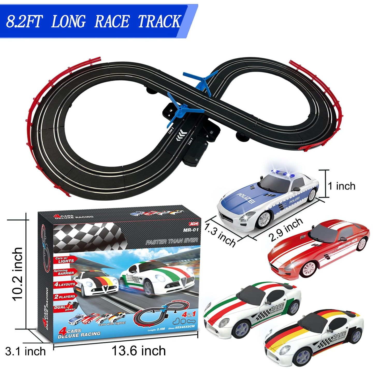 Agm Mastech Slot Car Race Track Sets With 4 Exquisite Slot Cars, Battery Or Electric Car Track, 2 Controllers, Lap Counter, Gift