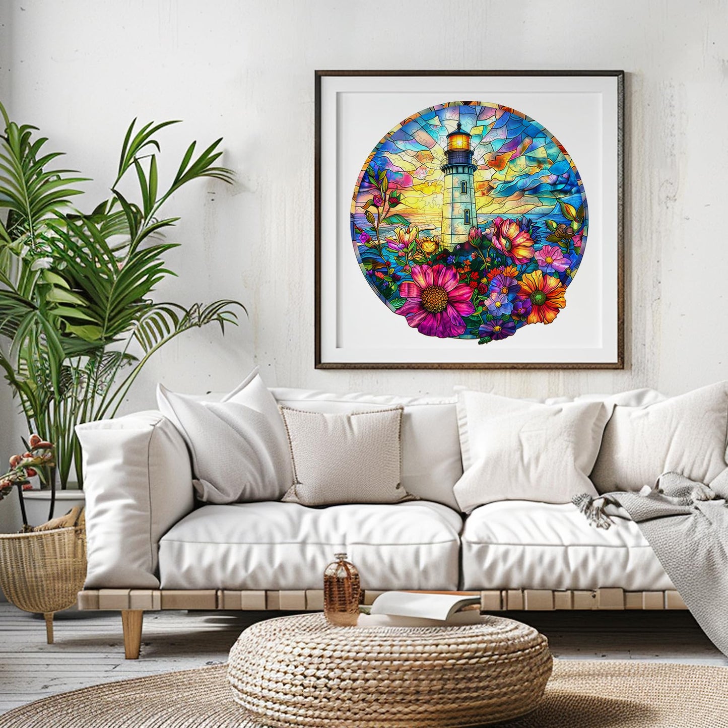 Wooden Puzzles for mature-themeds - Unique Shaped Wooden Jigsaw Puzzles mature-themed Puzzles Christmas Creative Gifts for mature-themeds Kids Stained Glass Lighthouse Wooden Puzzle 8.5 * 8.3in 100pcs