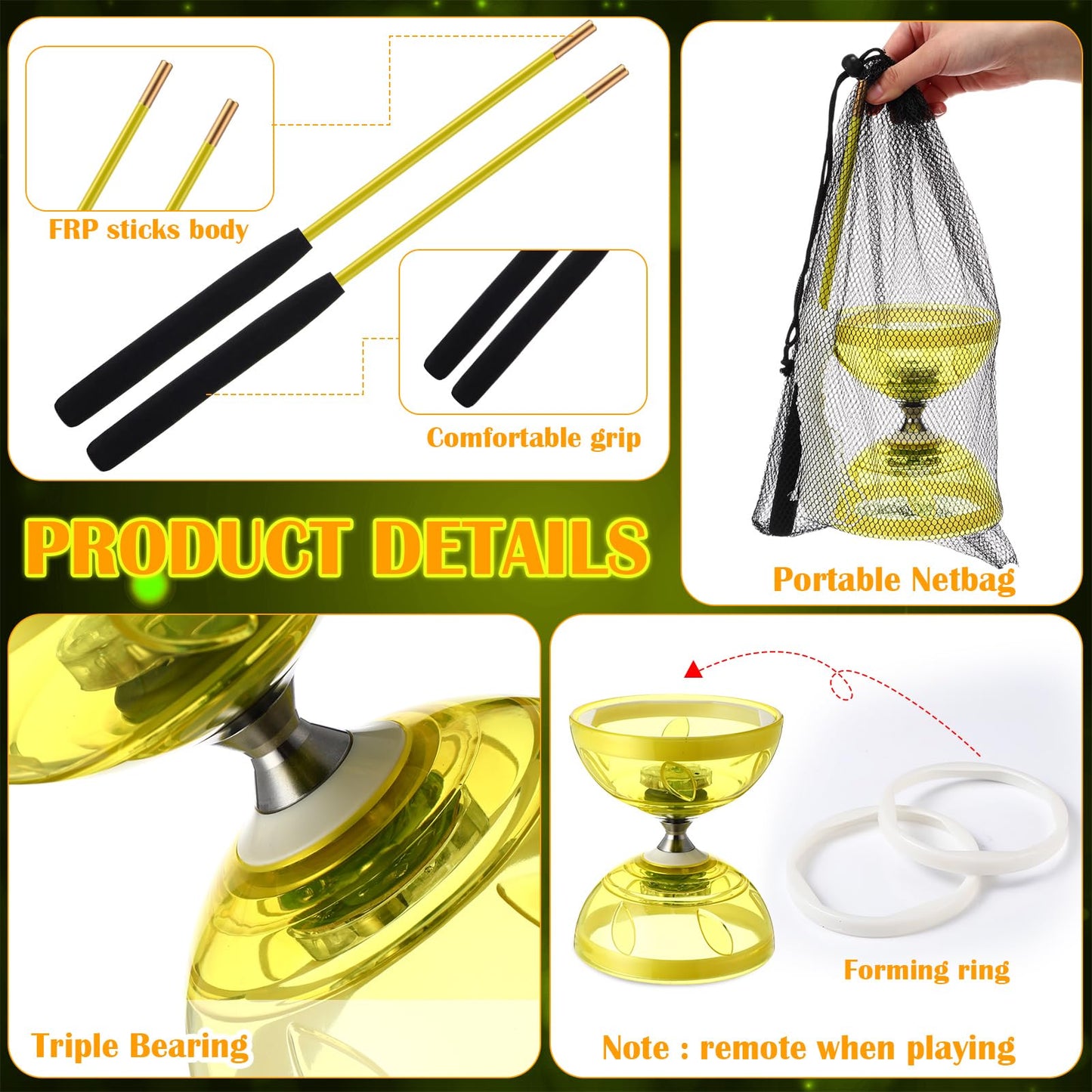 Simgoing Chinese Yoyo Diabolo Set Includes Colorful Led Diabolo Toy Light Up With 2 Pieces Sticks, 1 Piece String, 1 Net Bag For Fun(Yellow)