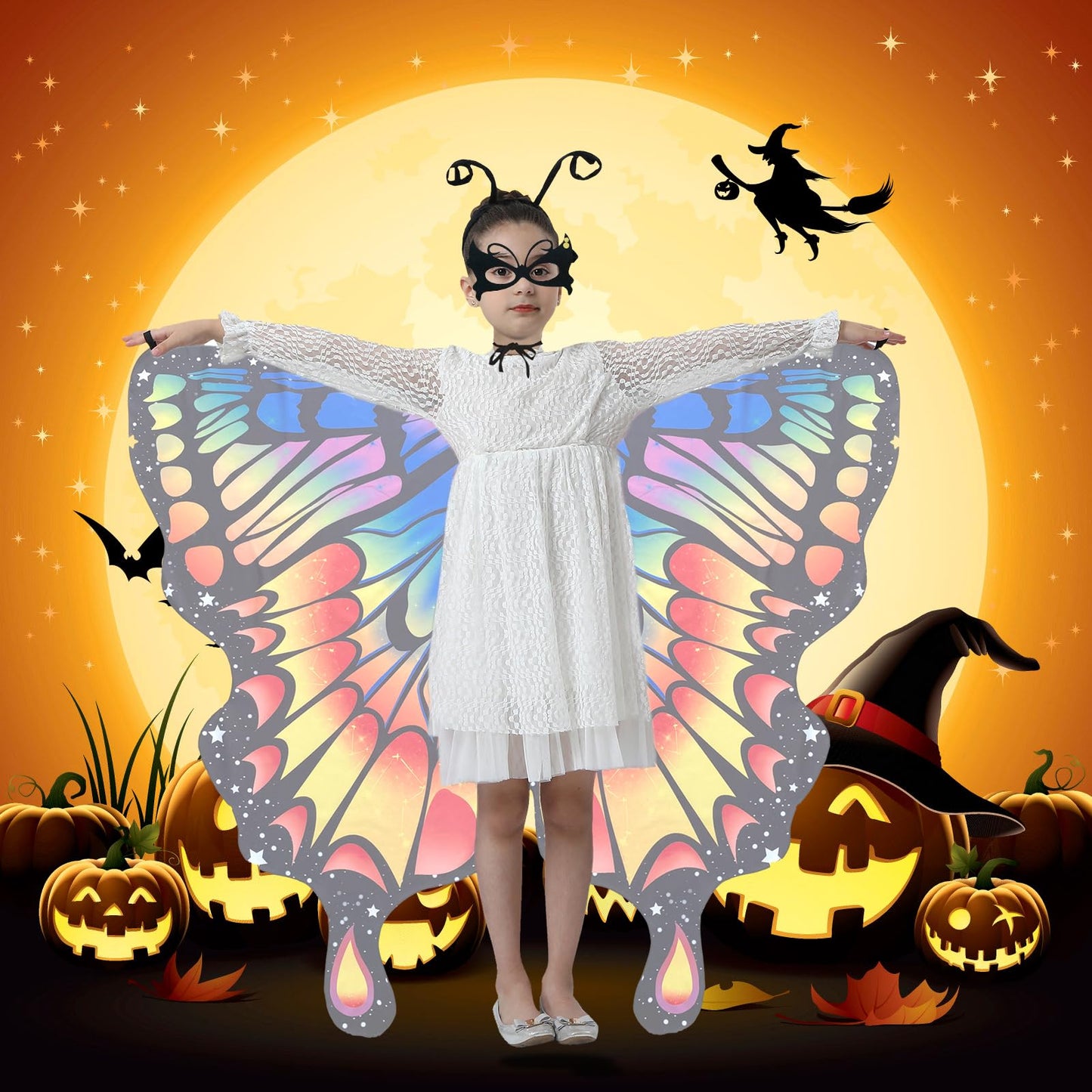 Whiteuniqoon Butterfly Costume Halloween Costumes For Girls Kids, Butterfly Wings Costume Cape Shawl For Girls Fairy Wing (011)