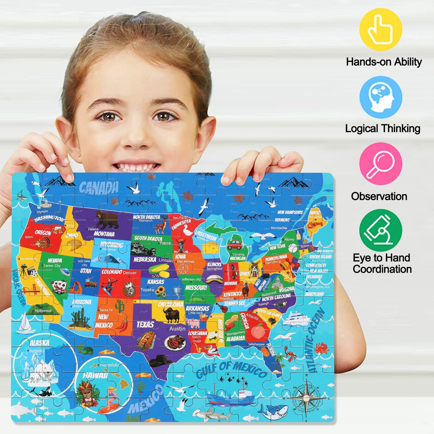 Lelemon United States Map Puzzles For Kids Usa Map Jigsaw Puzzles In A Metal Box America Map Learning Educational Toys Gifts For Boys Girls