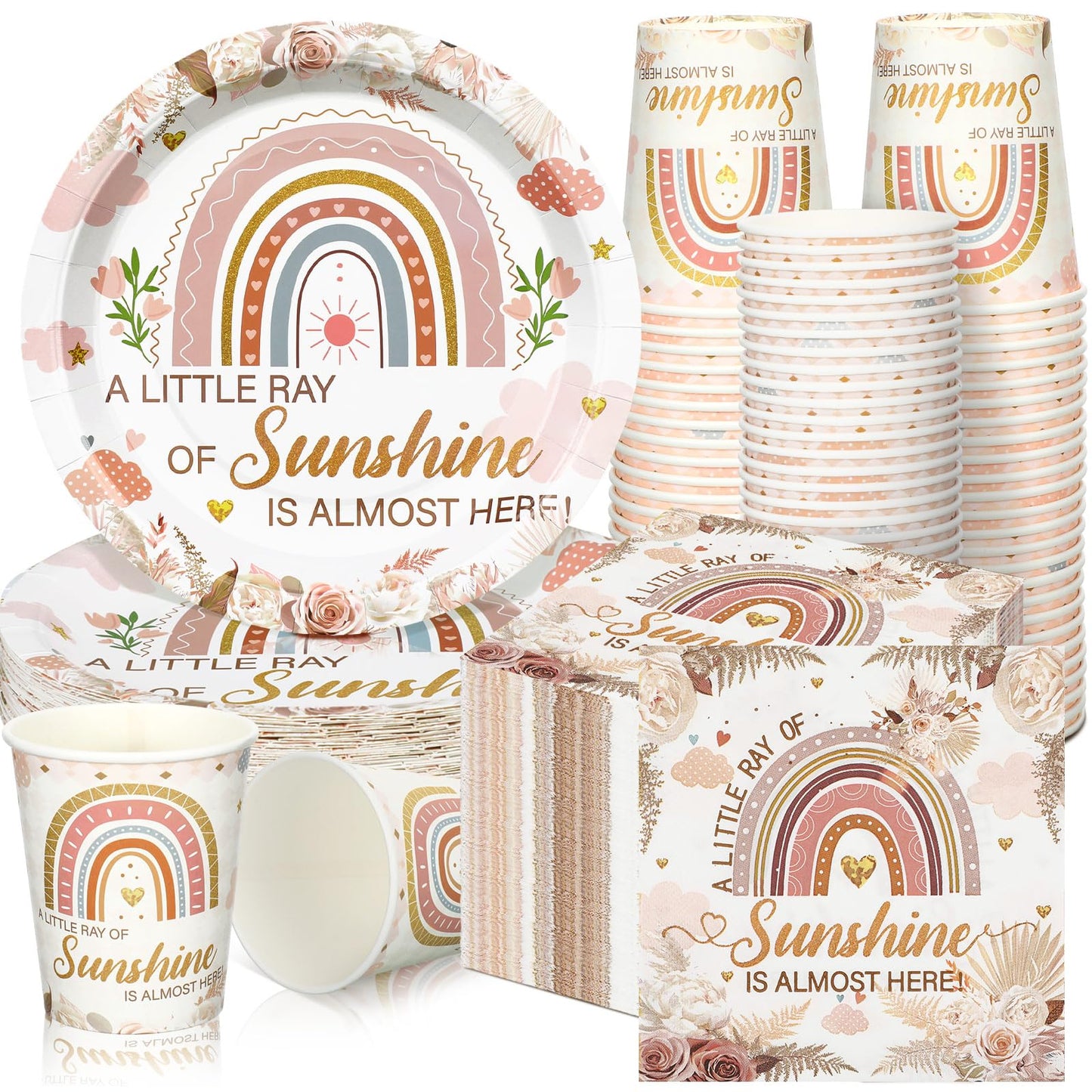 Hushee 200 Pcs Rainbow Baby Shower Paper Plates Napkins Cups Baby Shower Party Supplies Tableware Set Boho Disposable Cup Napkin