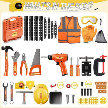 Magic4U Kids Tool Bench Set, 95PCS with Electronic Drill, Safety Vest & Hat, Pretend Play, Orange, Ages 3-8