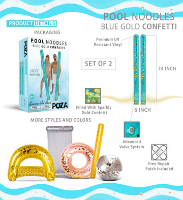 POZA 2 Pack Jumbo Inflatable Pool Noodle Floats - 74-inch enhanced elegant Giant Pool Noodle Inflatable Floats Sparkle Blue Gold Glitter Confetti Pool Float Inflatable Noodles for Ocean Lake Beach