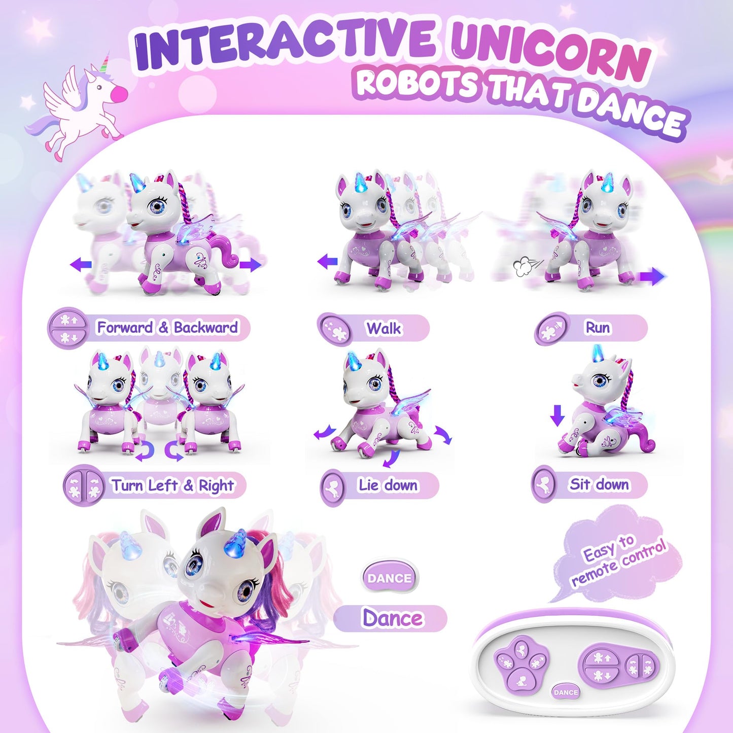 Beefunni Unicorn Robot Toys For Girls, Birthday Gifts For Kids And Toddlers 3 4 5 6 7 8 Years Old, With Led Horn,Led Wings,Remot