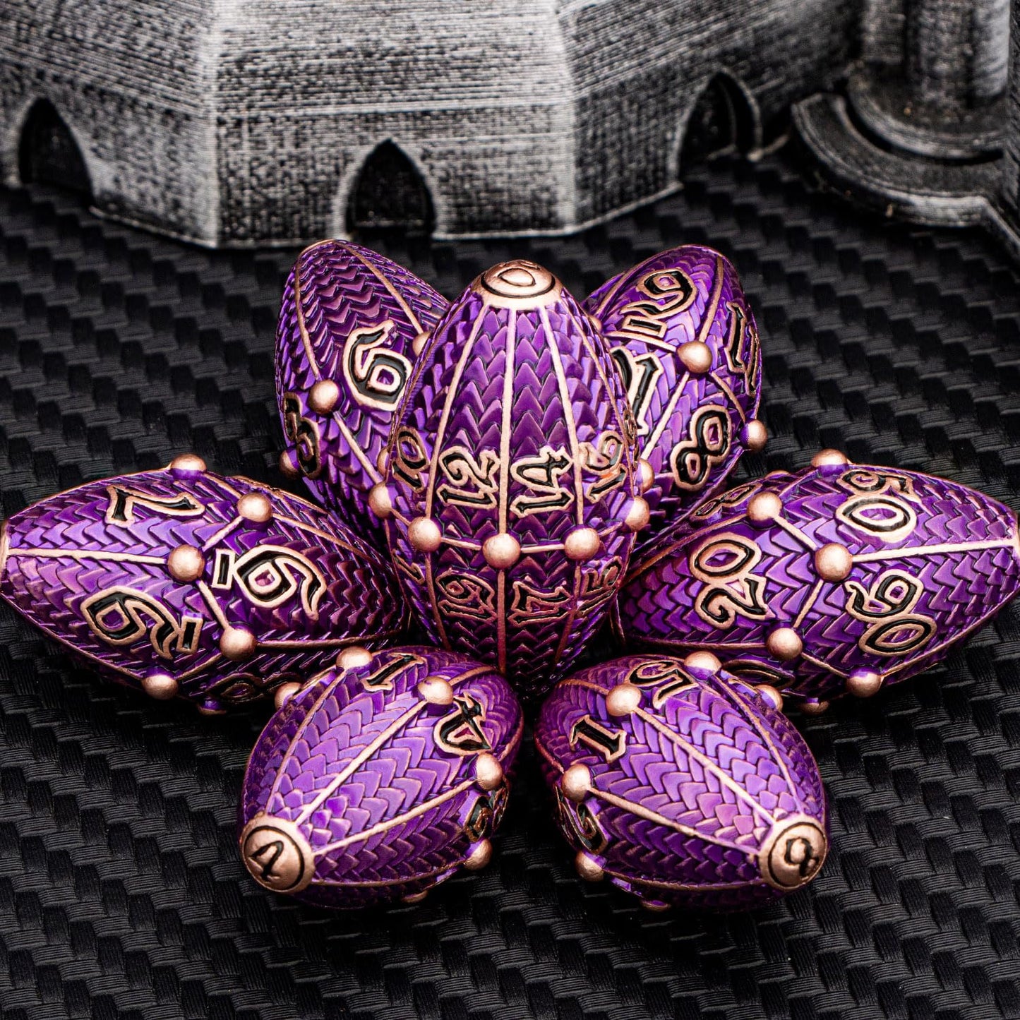 Aruohha Dnd Metal Dice Copper Purple Dragon Egg Dice With Metal Box, Role Playing Game Rpg Polyhedral D And D Dice Set D20 D12 D