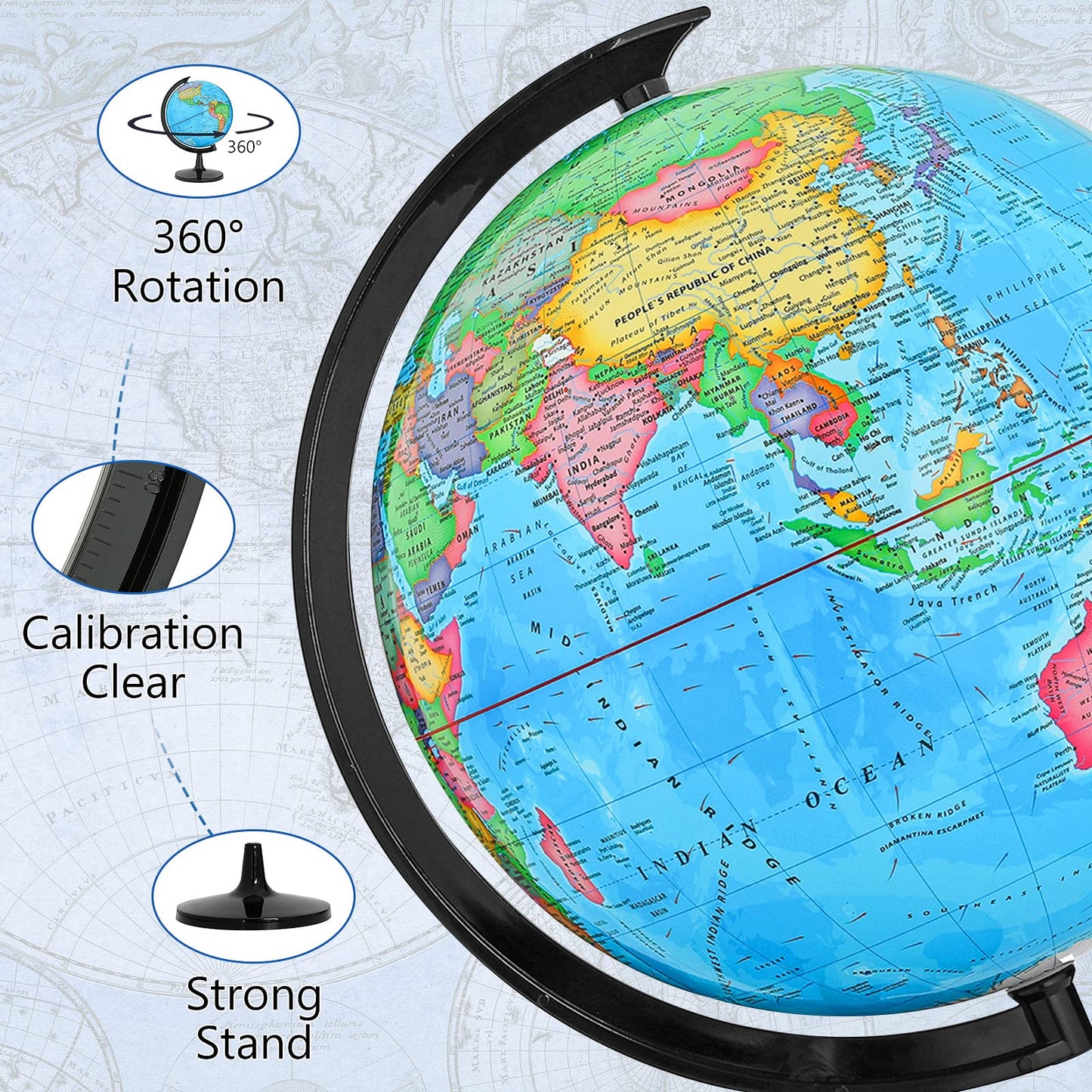 Gochange World Globe With Stand, 12' Geography Educational Globe For Students & Teachers, Full Length 19.7 Inch 360° Spinning Globe For Age 8+ Children'S Educational Tools & Desk Decorations & Gifts