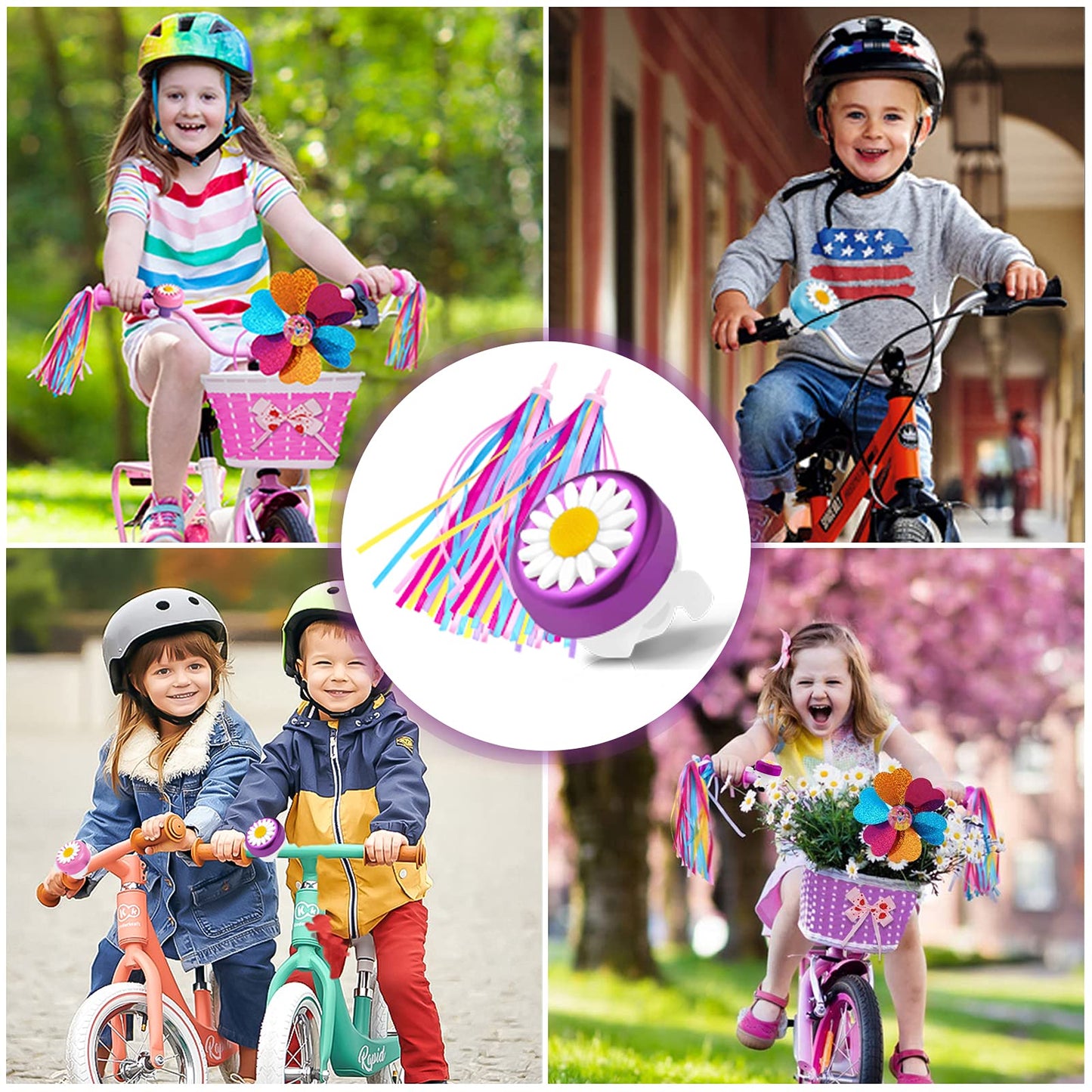 kortes 1 Pack Kids Bike Bell and 2 Pack Kids Bike Streamers for Childrens Bike Accessories (Purple and Whitre)