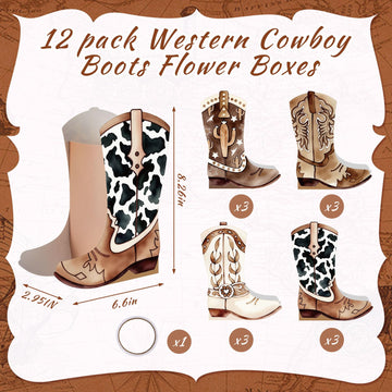 Memorywuu Boot Shape Gift Boxes - 12 Set Western Cowboy Cow Centerpieces for Party Decoration, Rodeo, Birthday, Baby Shower