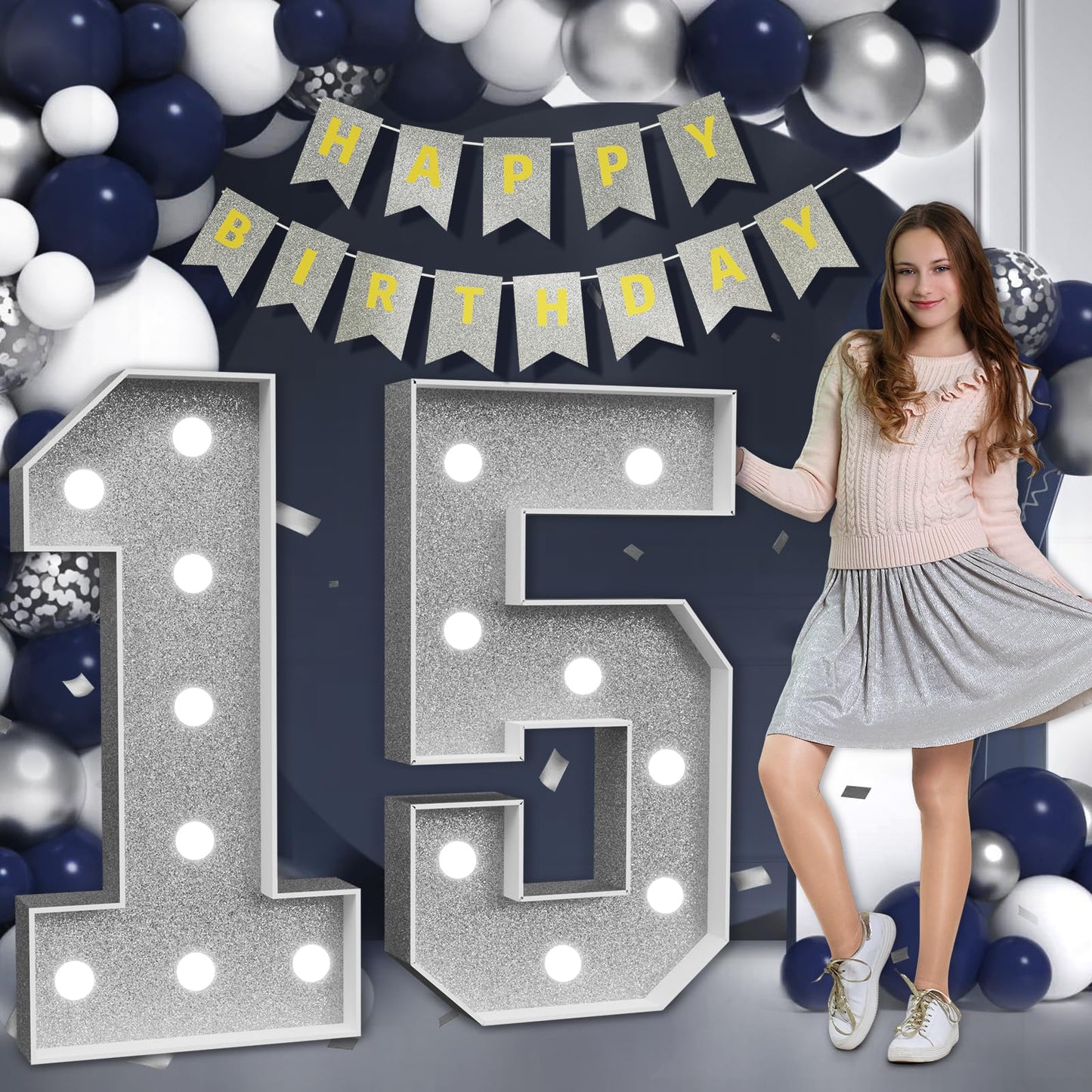 Marquee Numbers Silver 15Th-Birthday Decorations: Large 3Ft Light Up Number Grey 15 Birthday Decoration For Boy Girl Fifteen Yea