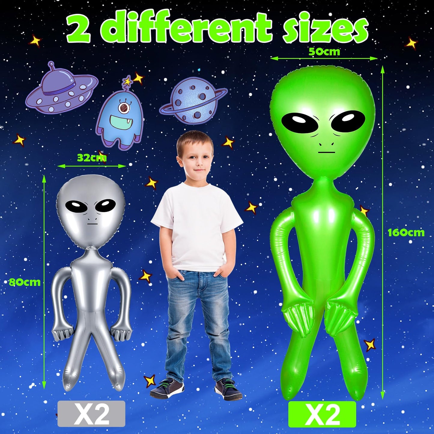 Zhanmai 4 Pcs 63 Inch 35 Inch Inflatable Alien Jumbo Alien Party Decorations Alien Balloon Inflate Alien For Halloween Party Favors(Silver, Green)