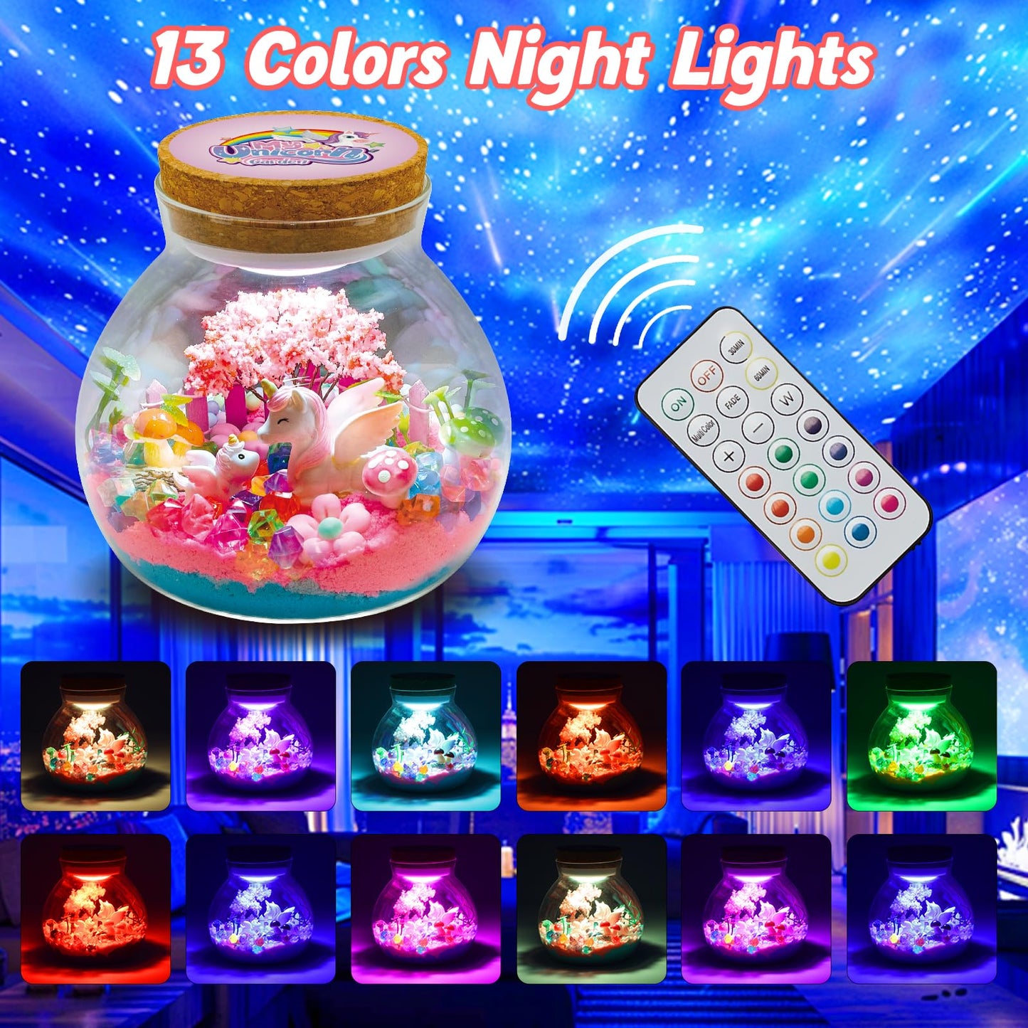 Unicorn Terrarium Crafts Kit For Girls - Make Your Own Unicorn Night Light With 16 Modes Led Remote Control Birthday Gifts Creativity Diy Toys For Ages 3 4 5 6 7 8 9 10 3-5 4-6 5-7 6-8 Year Old Kids