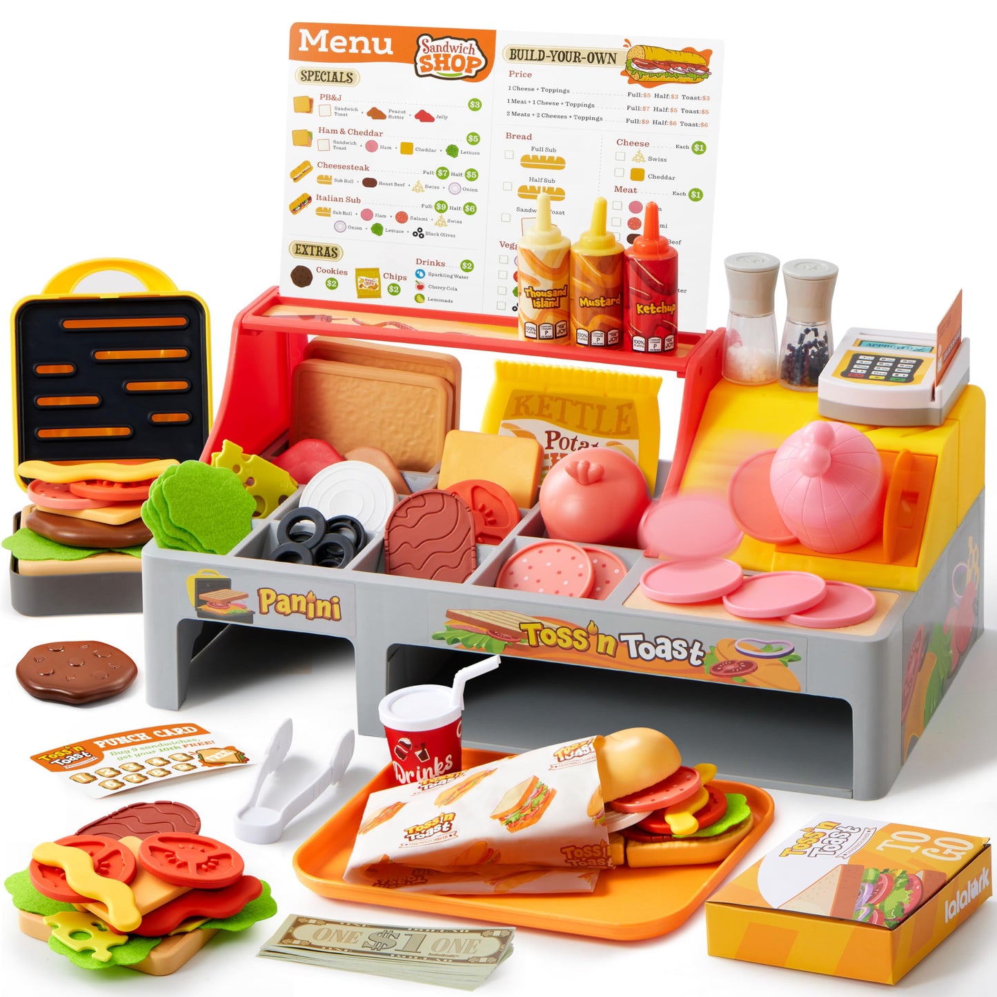 Pretend Play Food Toy For Kids Toddlers, Play Kitchen Accessories Include Sandwich Maker Toy With Slicer For Ham, Menu And Ingre