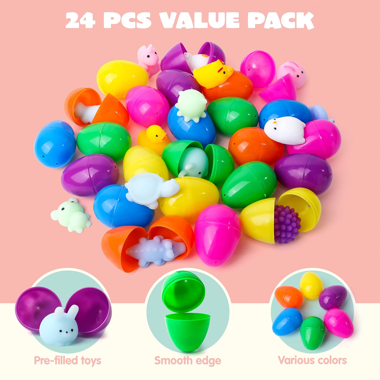 Joyin 24 Pcs Easter Prefilled Eggs With Mochi Squishy Toys, Kawaii Stress Reliever Squishy Toy For Easter Theme Egg Hunt, Kids Party Favor, Basket Stuffers Filler, Classroom Prize Supplies