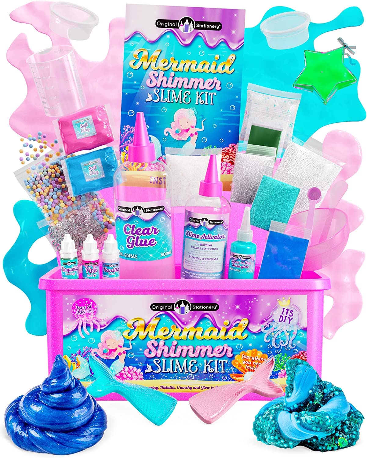 Original Stationery Mermaid Shimmer Slime Kit For Girls, Mythical Slime Pack To Make Shimmery Glow In The Dark Slime, Fun Xmas Mermaid Gifts For Girls