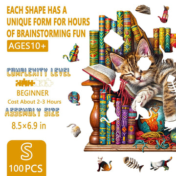 Wooden Puzzles for mature-themeds Snoozing Cat Wooden Jigsaw Puzzles for mature-themeds Library Kitten Wood Puzzles mature-themed Unique Animal Shape Gifts for Cat Lovers & Friends Home Decor (S -8.5 * 6.9in -100 pcs)