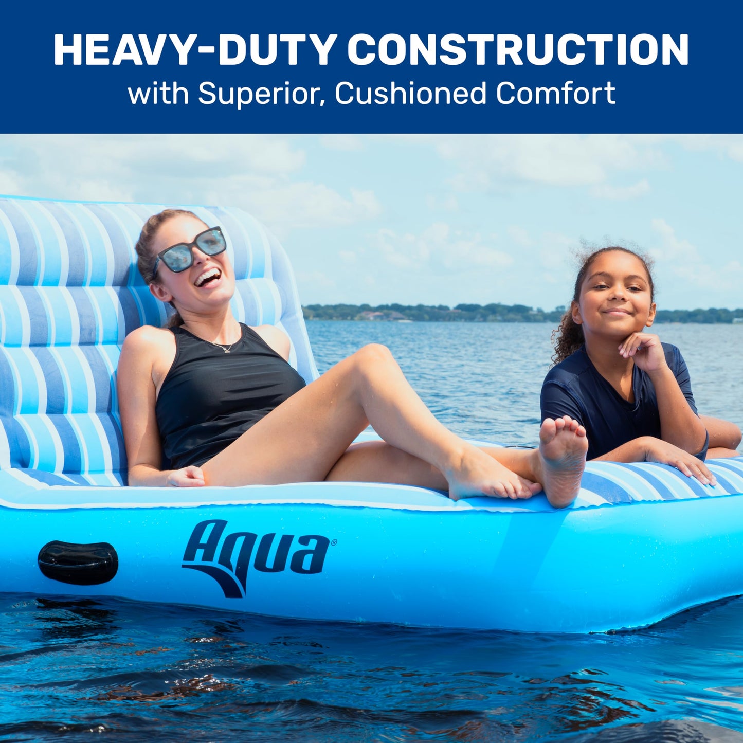 Aqua Ultra-Comfort Floating Pool Chair & Lake Raft With Pillow – 2-Person Heavy Duty Pool Float, Lake Floating Chair – Navy/White Stripe