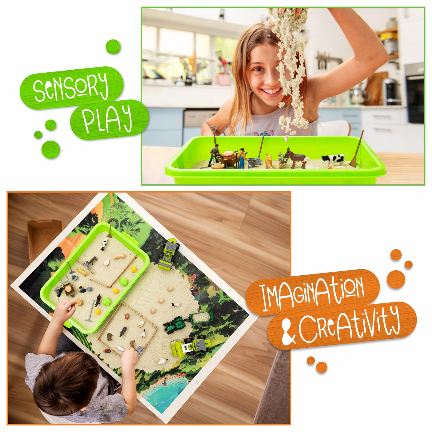 59 PCS Farm Sensory Bin - Sandbox with Lid, 2.2 LB Sensory Sand Kit for Boys, Toddler Farm Toys, 3 Take Apart Construction Truck