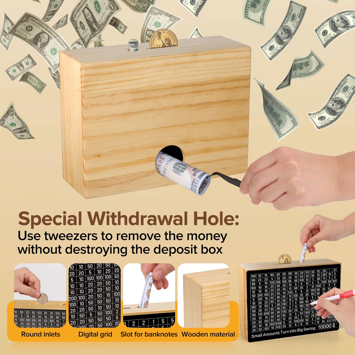Wooden Money Saving Box 10000 Savings Challenge Box With 8 Targets $500-$10K Cash Vault Wooden Savings Box Piggy Bank For Kids Reusable Coin Bank With Dry Erase Pen/Savings Trackers/Rubber Band-Black