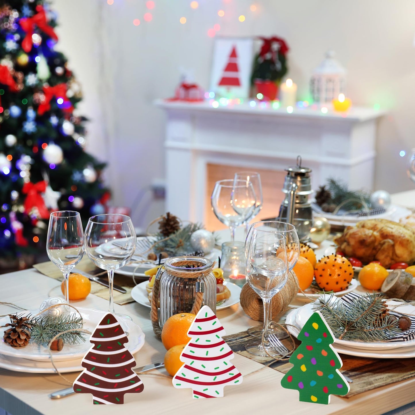 Haooryx Christmas Tree Cake Wooden Centerpiece Decoration - 3Pcs Christmas Tree Wooden Table Decoration Xmas Winter Holiday Tabl