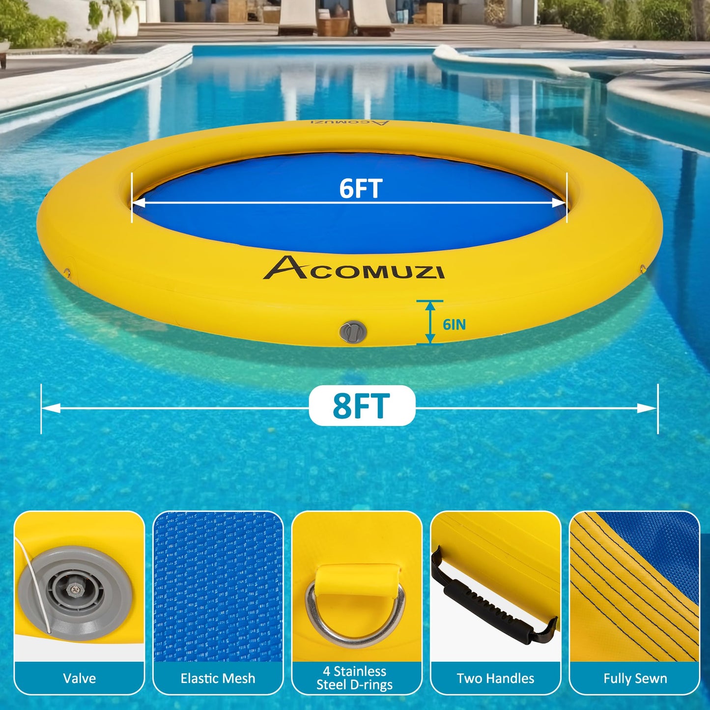 ACOMUZI 8FT Inflatable Water Hammock Float, Heavy Duty Pool Raft, Yellow Blue