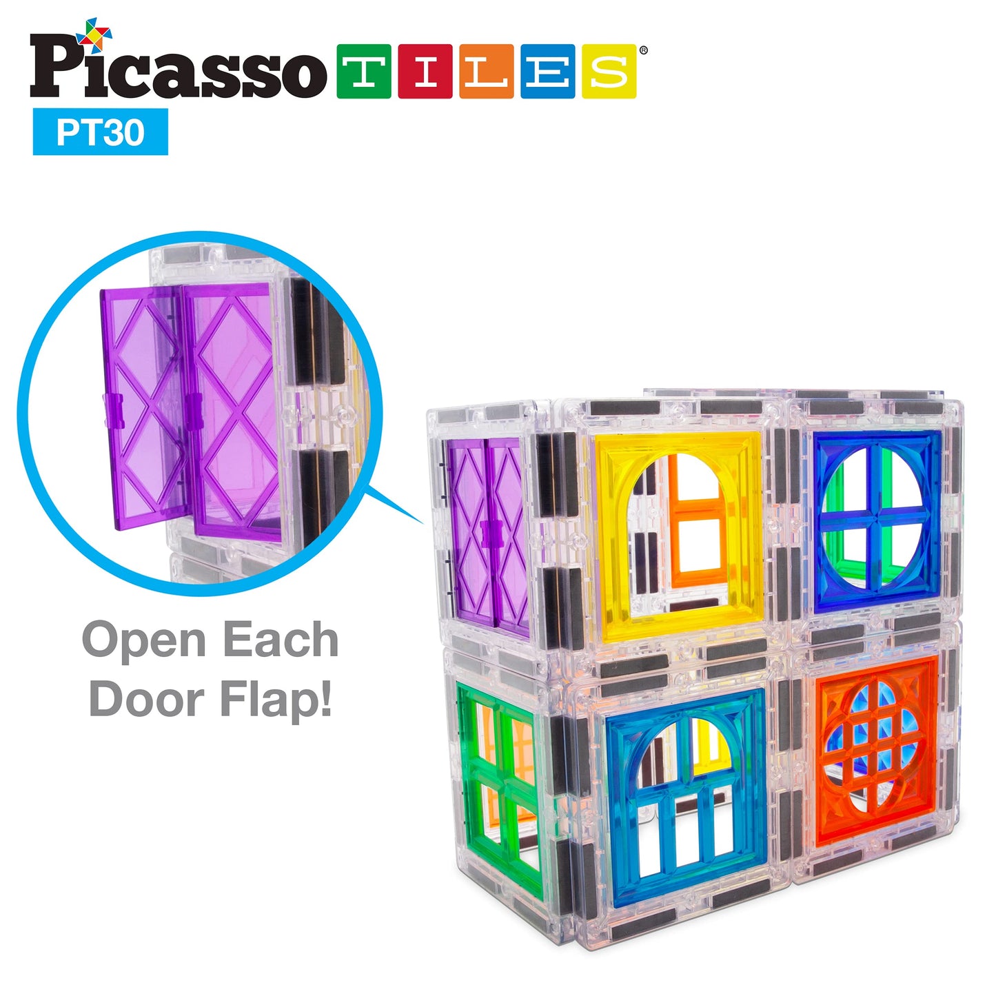 PicassoTiles 30 Piece Window and Door Clip On Magnetic Blocks Magnet Tiles Magnets Building Tile Construction Toy Set STEM Educa