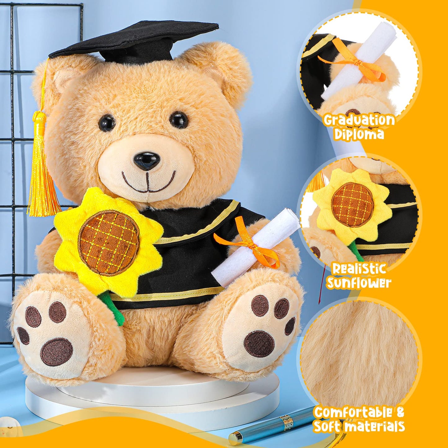 Chalyna 10 Inch Graduation Season Bear Plush Stuffed Animal Stuffed Animal Bear With Graduation Hat, Diploma And Sunflower, Graduation Preschool Kindergarten Gift For Friend, Relatives, Kids