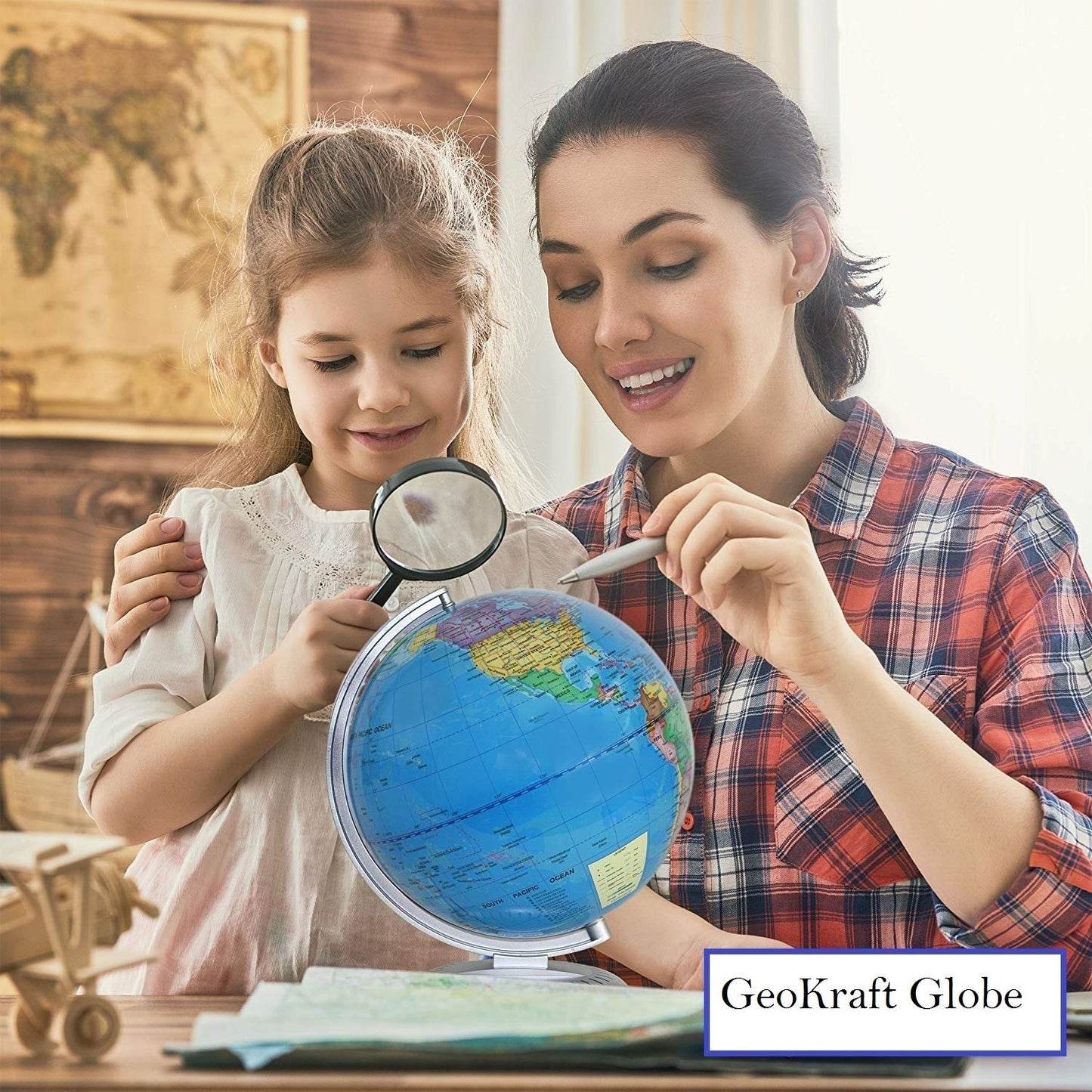 Geokraft Educational Political Metal Base Stem Globe With Magnifying Glass For Kids (8 Inch, Blue)
