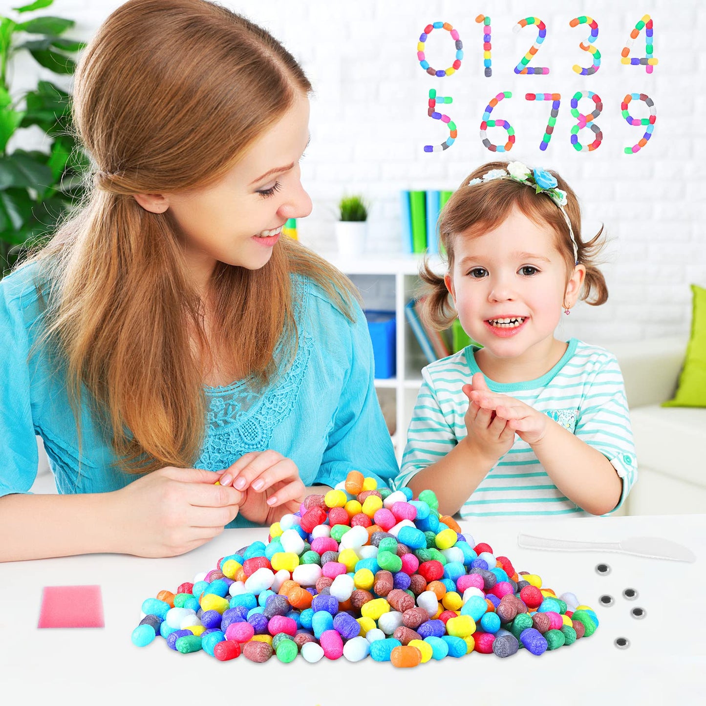 Junkin 1000 Pcs Magic Noodles Foam Crafts Puffs Corn Super Crafts Arts Kit Bulk Building Blocks Model Toys Valentines Kid Gifts