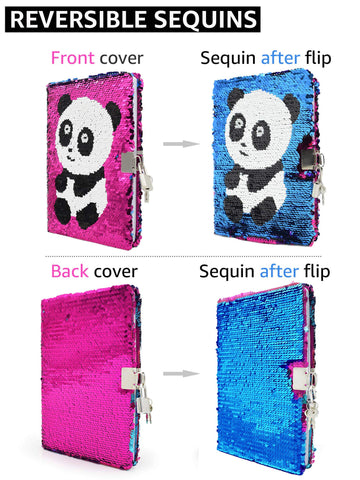Vipbuy Magic Reversible Sequin Notebook Diary Lined Travel Journal With Lock And Key For Kids Girls, Size A5 (8.5” X 5.5”), 78 Sheets (Panda (Rose Red To Blue))