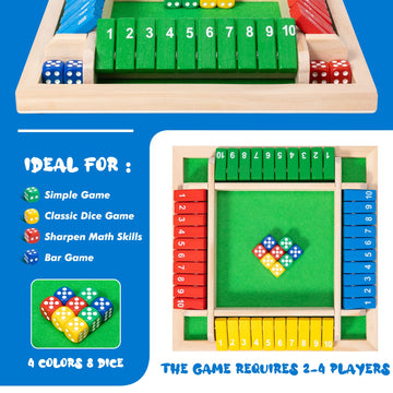 Ineariu Shut The Box Game - 4-Player Wooden Dice Game, 8.7" Colorful Design for Parties and Skill Development