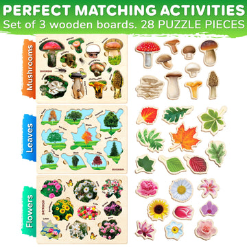 Quokka Wooden Puzzles For Toddlers 2-4 – 3X Set Montessori Toys Puzzles For Kids Ages 3-5 – Wood Educational Baby Game 12-18 Months – Gift Learning Mushrooms Flowers Leaves For Boy & Girl 3-5