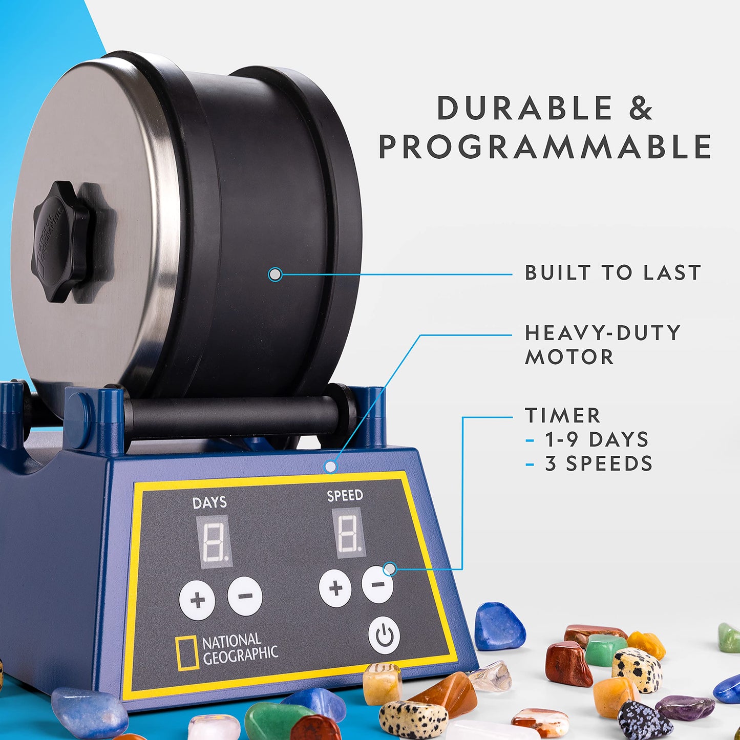 National Geographic Rock Tumbler Kit - 3 Lb. Extra Large Capacity Barrel With 3-Speed Motor & 9-Day Timer, Kit Includes Rocks Fo