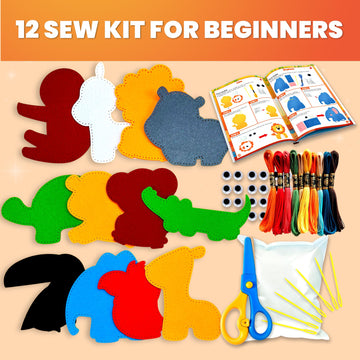 QUOKKA Kids Crafts Ages 4-8, DIY Beginner Needle and Thread Kit - 12 Wild Animals Sewing Kit Basic - Fun Arts Crafts for Kids Ag