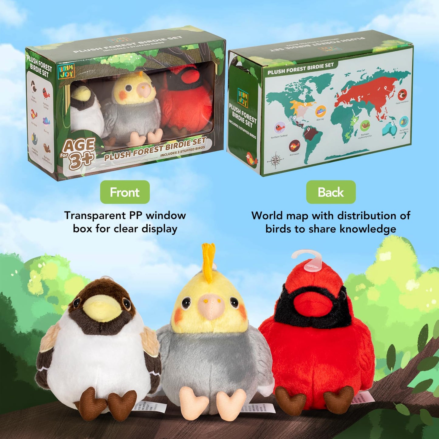 Brinjoy Plush Bird Stuffed Animal Set, 3 Pcs Birds Plush Toy W/Hooks, 5 Realistic Scarlet Macaw, Yellow-Billed Oxpecker, Blue